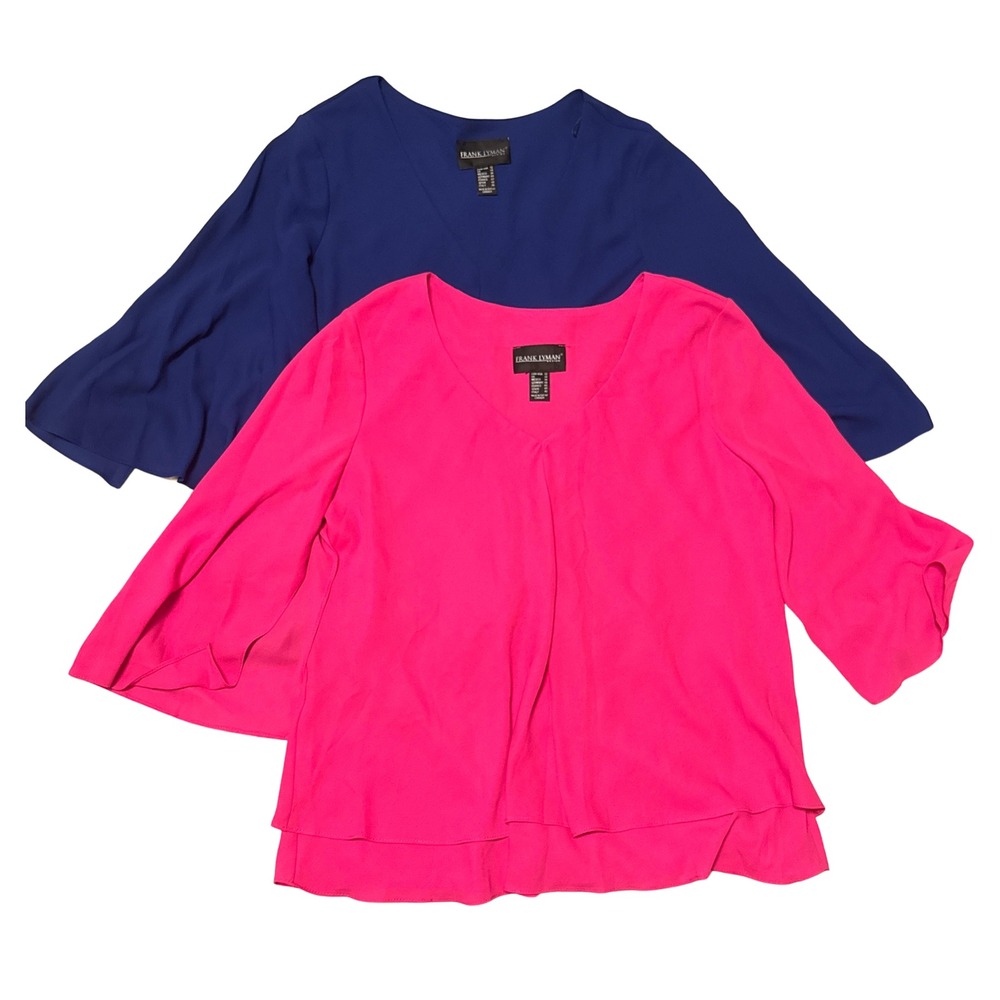 Frank Lyman Womens V-Neck Layered Bell Sleeve Blouse Set Pink Blue Size 12
